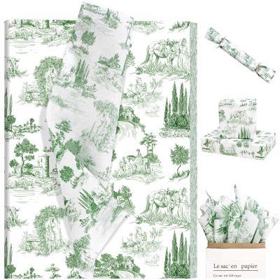 100 Sheets 20 * 14 Inches Vintage French Tissue Paper for Gift Wrapping Green White Village Toile Tissue Paper for Gift Bags for Wedding Bridal Shower DIY Craft