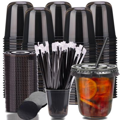 12oz Disposable Stemless Glasses with Flat Lids and Straws,PET Disposable Drinking Cups,Clear Plastic Wine Glasses for Parties Birthday,Wedding,Meeting,Christmas Party Supplies. (100, Black)