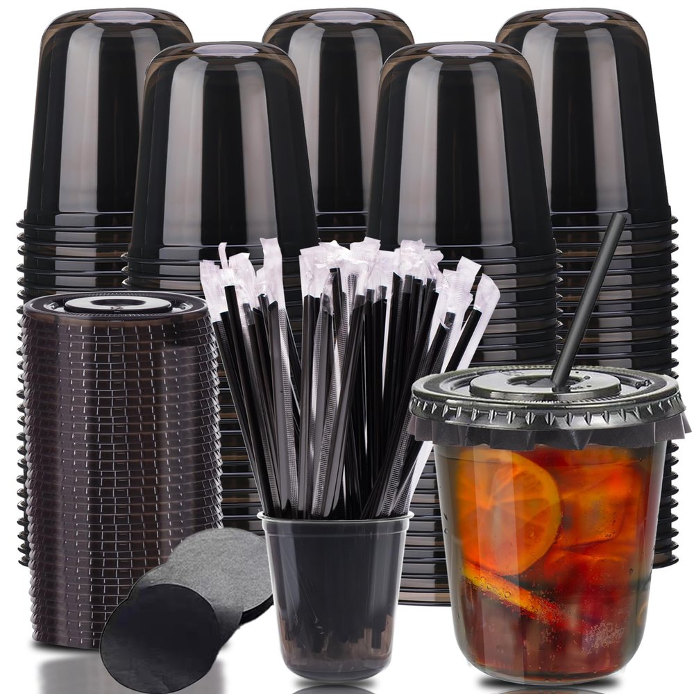 12oz Disposable Stemless Glasses with Flat Lids and Straws,PET Disposable Drinking Cups,Clear Plastic Wine Glasses for Parties Birthday,Wedding,Meeting,Christmas Party Supplies. (100, Black)