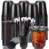 12oz Disposable Stemless Glasses with Flat Lids and Straws,PET Disposable Drinking Cups,Clear Plastic Wine Glasses for Parties Birthday,Wedding,Meeting,Christmas Party Supplies. (100, Black) view 1
