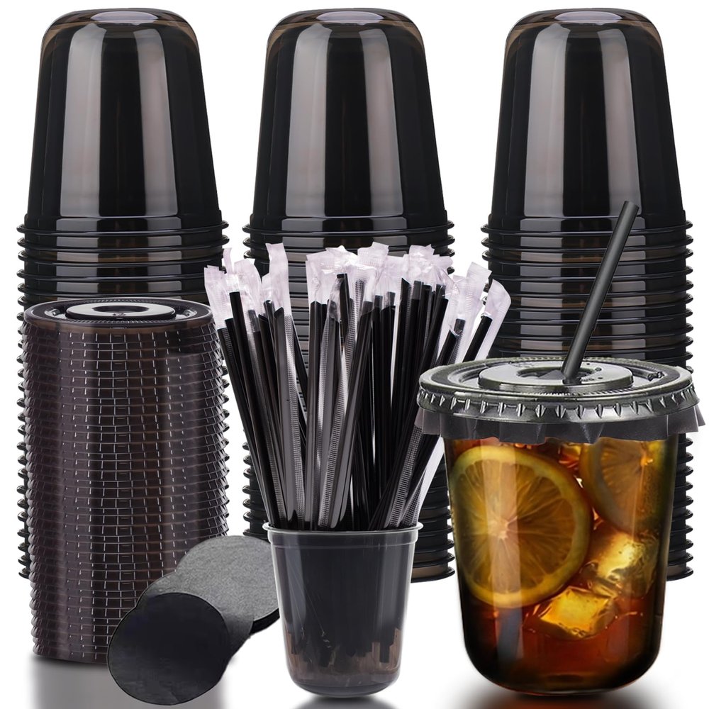 12oz Disposable Stemless Glasses with Flat Lids and Straws,PET Disposable Drinking Cups,Clear Plastic Wine Glasses for Parties Birthday,Wedding,Meeting,Christmas Party Supplies. (50, Black)