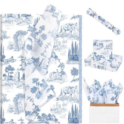 100 Sheets 20 * 14 Inches Vintage French Tissue Paper for Gift Wrapping Blue White Village Toile Tissue Paper for Gift Bags Rustic Wrap for Wedding Bridal Shower DIY Craft