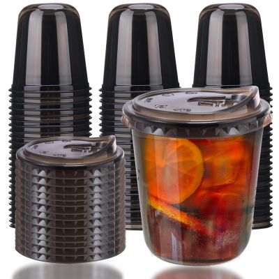 Xuelimei 12oz Disposable Stemless Glasses With Strawless Sip Lids,PET Disposable Drinking Cups,Clear Plastic Wine Glasses for Parties Birthday,Wedding,Meeting,Christmas Party Supplies. (50, Black)