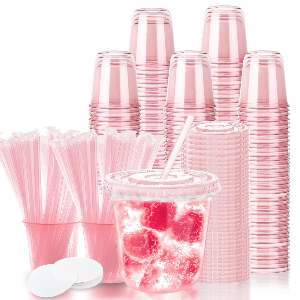 12oz Disposable Stemless Glasses with Flat Lids and Straws,PET Disposable Drinking Cups,Clear Plastic Wine Glasses for Parties Birthday,Wedding,Meeting,Christmas Party Supplies. (100, Pink)