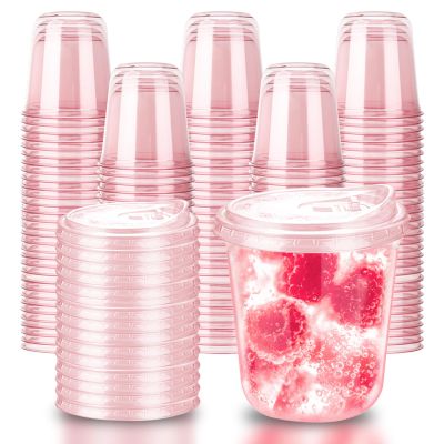 12oz Disposable Stemless Glasses With Strawless Sip Lids,PET Disposable Drinking Cups,Clear Plastic Wine Glasses for Parties Birthday,Wedding,Meeting,Christmas Party Supplies. (100, Pink)