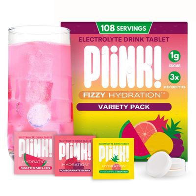 Plink! Fizzy Electrolyte Drink Tablets for Daily Hydration - 108ct Electrolyte Tablets + Sodium, Potassium, Magnesium, Low-Calorie, Low-Sugar Keto Electrolytes Powder Hydration Packets Water Flavoring