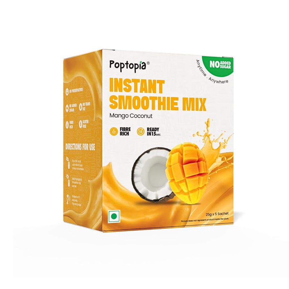 Poptopia Mango Coconut Smoothie Mix, Smoothie CHAMP, No Added Preservatives or Colors, A Quick, Nutritious, and Delicious drink, All Natural, 0% Sugar, Pack of 5 = 125gms = ~1Litre Fresh Smoothie