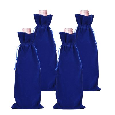 BOOPANREE 4 Pcs velvet wine bags, Wine Champagne Gift Bag With Drawstring,red Wine Drawstring Bottle Bags cloth for housewarming/party/birthday/wedding/bottle decoration bag(Blue)