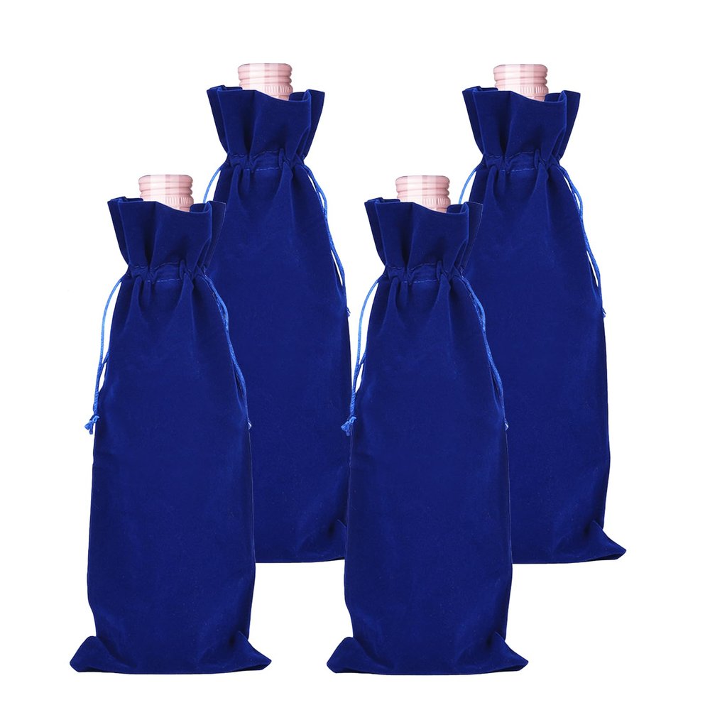 BOOPANREE 4 Pcs velvet wine bags, Wine Champagne Gift Bag With Drawstring,red Wine Drawstring Bottle Bags cloth for housewarming/party/birthday/wedding/bottle decoration bag(Blue)