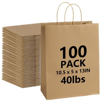 100Pcs 40 LB Brown Paper Gift Bags Bulk with Handles 10 x 5 x 13 Inch - Medium Size Kraft Goodie Bag, Blank Paper Bags for Shopping Retail, To Go, Small Business, Weddings, Birthdays, Festivals