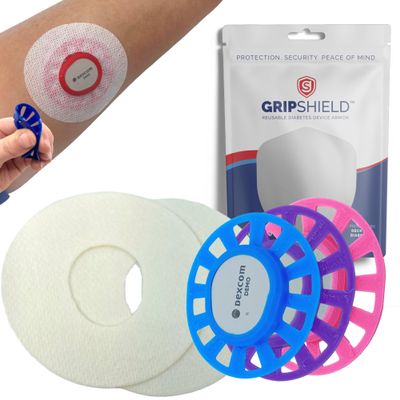 GripShield 3-Pack: Ultimate Bump Guard for Dexcom G7, Stelo, and Dexcom One Plus CGM systems. Flexible, reusable armor with (3) G7 GripShields and (6) sample patches included. (Sky Blue, Pink, Purple)