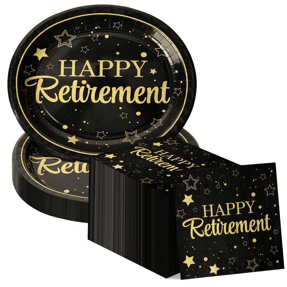 Dereinwo 50 Pcs Retirement Paper Plates and Napkins Set