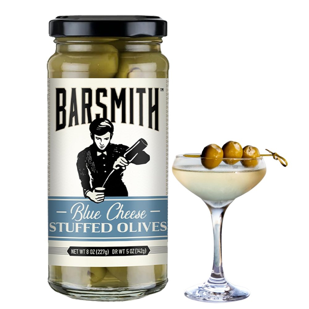 Barsmith Blue Cheese Stuffed Olives - Premium Hand-Crafted Blue Cheese with Robust Flavor - Gourmet Olives for Martinis, Bloody Marys & More - Cocktail Garnish for Home or Bar - 8 oz Jar (Pack of 1)
