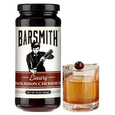 Barsmith Luxury Bourbon Cherries, Dark Rich Cocktail Cherry Made with Whiskey & Vanilla, Bourbon Cherries for Old Fashioned, Manhattan, Dessert Recipes, 10 oz Glass Jar