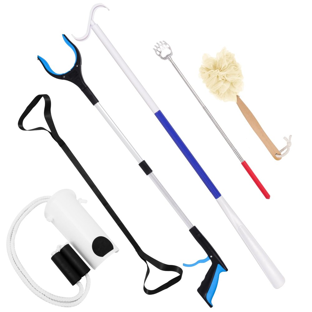 6 PC Hip Replacement Recovery Kit for Elderly and Knee Back Surgery Patients with Grabber, Sock Aid, Leg Lifter, Shoe Puller, Back Scratcher, Bath Sponge, Essential Tools for Recovery After Surgery