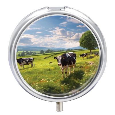 Travel Pill Holder Cows Grazing Pill Box for Pocket Round Pill Box with 3 Compartment Decorative Portable Pillbox Tablet Vitamin Organizer Mini Pill Case