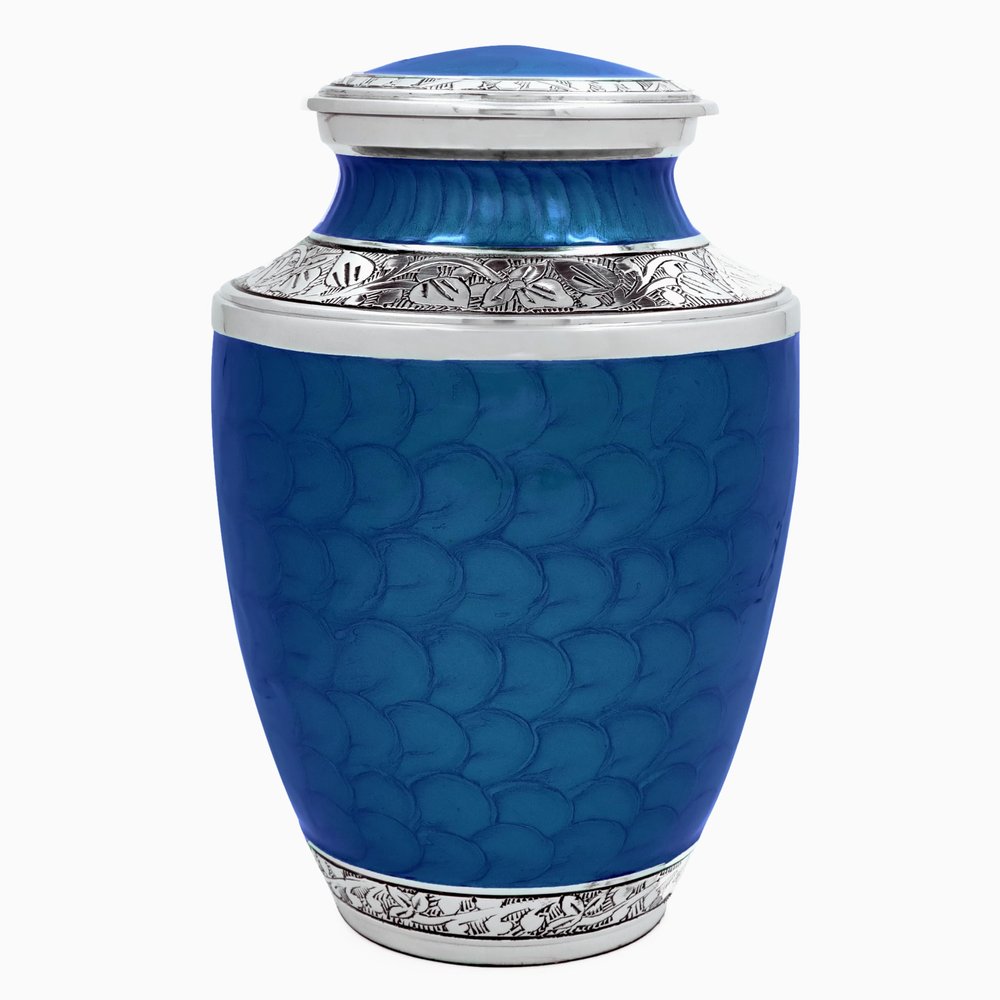 ALPHA Living HOME Cremation Urns for Human Ashes Adult Decorative Memorial Funeral Urn with Secure Screw Lid, Handcrafted Metal Burial Urn for Men & Women (Blue & Silver)