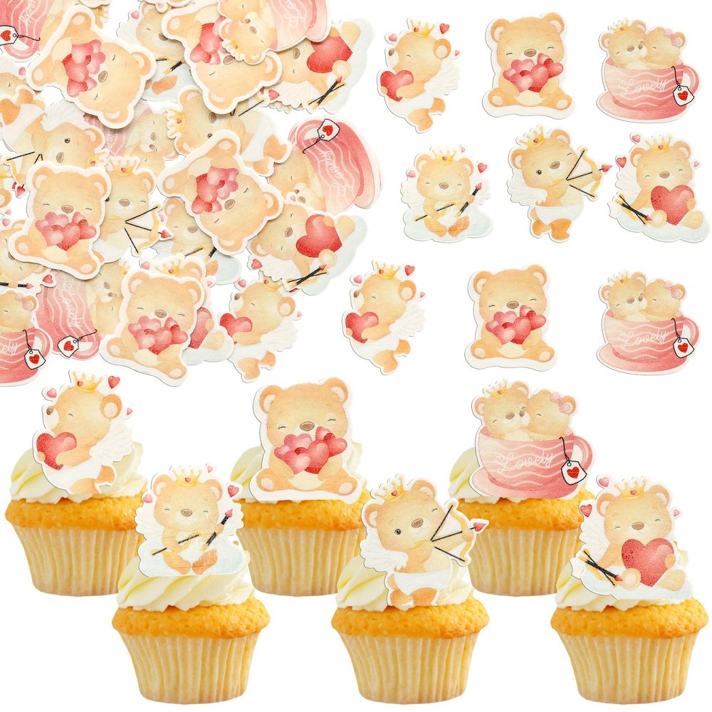 Gyufise 48Pcs Edible Valentine's Day Cupcake Toppers Sweet Love Heart Bear Cake Decorations Edible Wafer Paper Bear Cake Toppers for Happy Valentine's Day Theme Party Supplies
