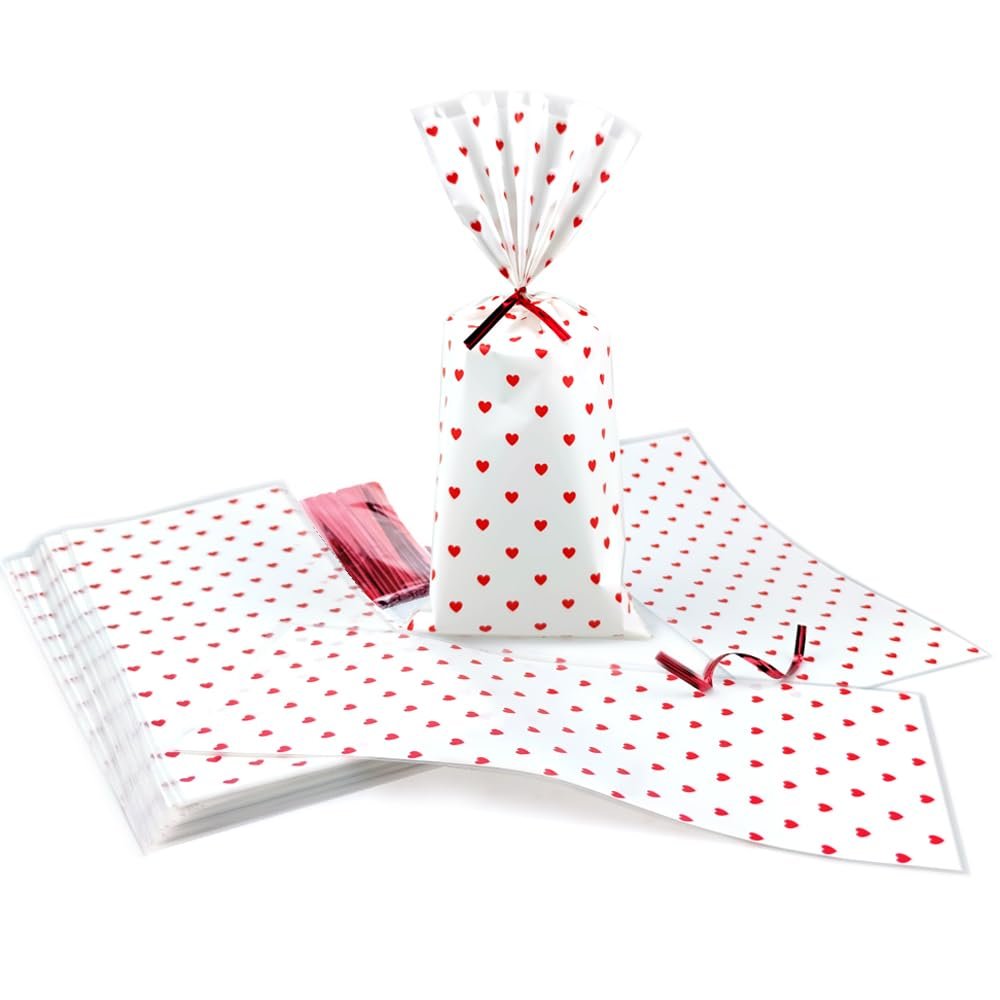 FAZHBARY 100 PCS Cellophane Treat Bags for Gift Bags Red Heart Plastic Bags Goodie Bags for Wrapping Supplies