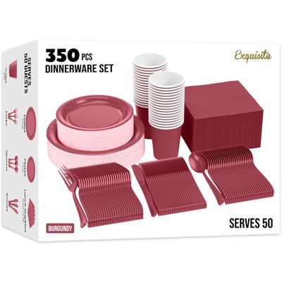 Exquisite Burgundy Paper Plates Set 350 Pcs 50-9" & 50-7" Party Plates