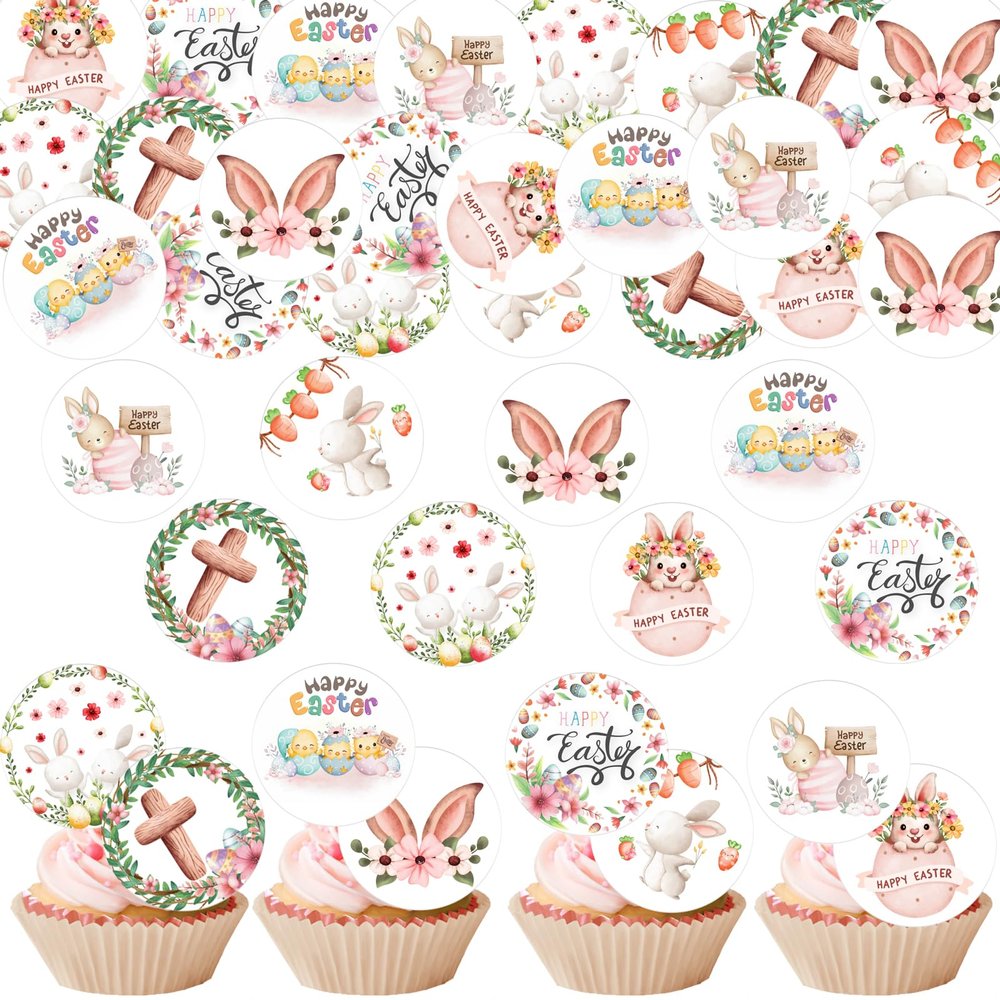 36PCS Edible Floral Happy Easter Cupcake Toppers Wafer Paper Bunny Easter Eggs Cupcake Picks Edible Easter Bunny Cupcake Decors for Easter Theme Baby Shower Birthday Easter Party Supplies