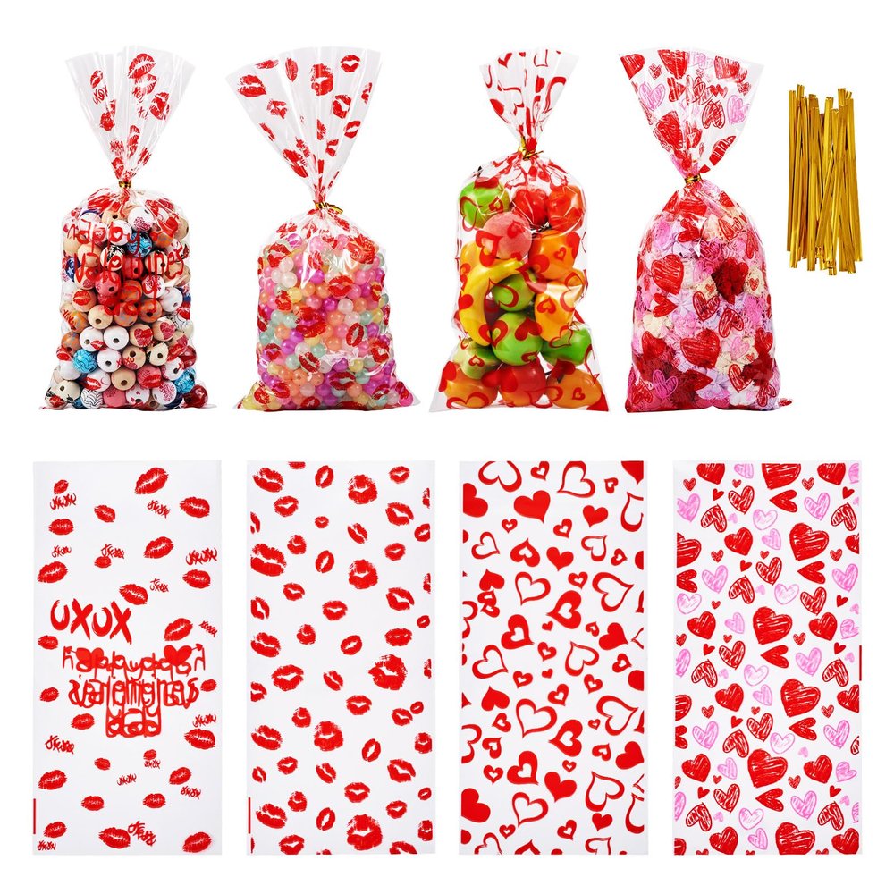 Boutigem 100Pcs Valentines Cellophane Treat Bags Red Love Heart Lips Print Party Favor Bags Clear Plastic Goodie Snack Bags Valentine Theme Gift Packing Bags for Candy Cookies Festival Party Supplies