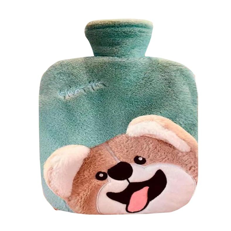 Hot Water Bottle with Cover, 2000ML Hot Water Bag for Hot and Cold Compress, Hand Feet Warmer for Winter Lovely Dog-Green