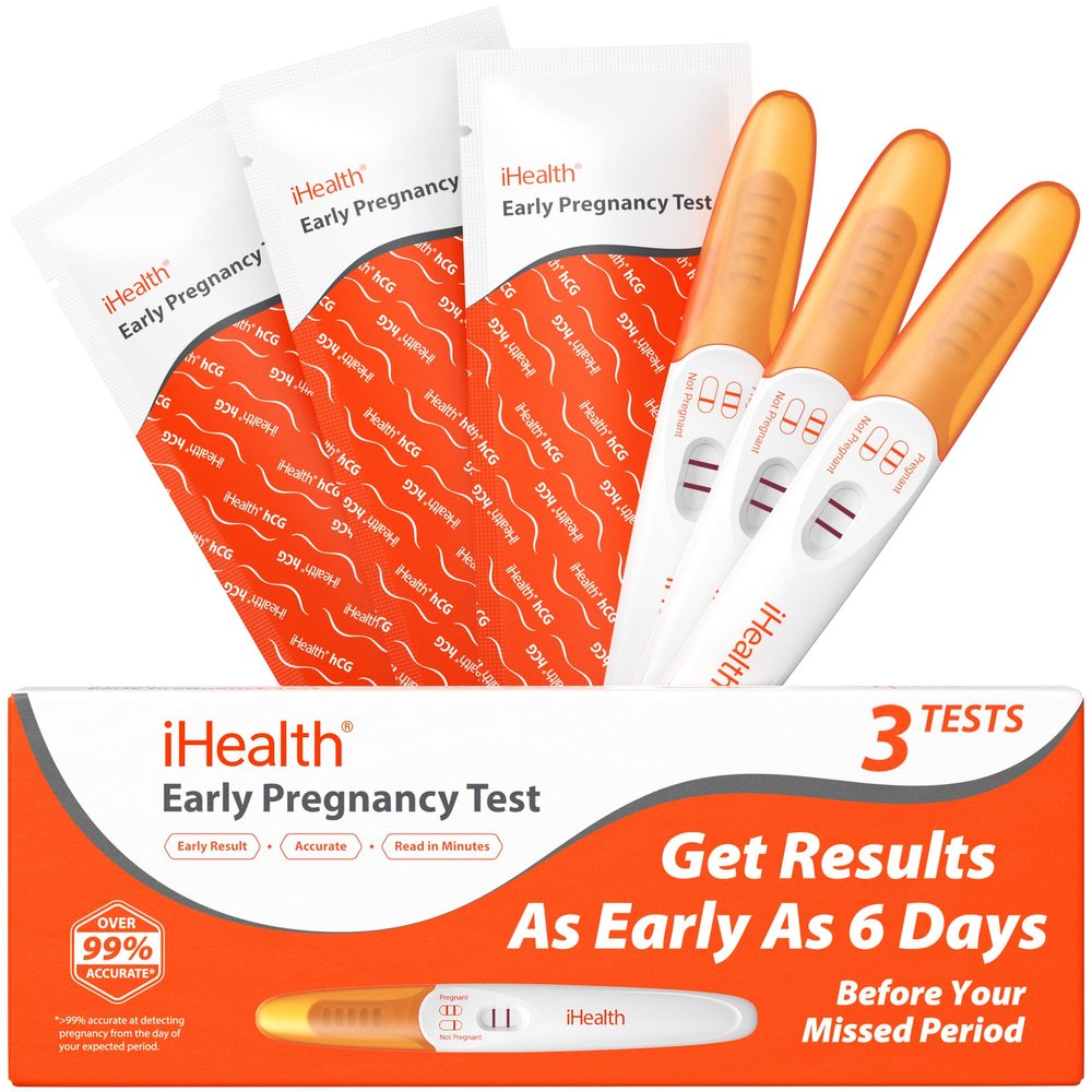 iHealth Pregnancy Test 3-Pack, Early Detection Ultra-Sensitive Results 6 Days Before Missed Period, Over 99% Accurate. Easy at-Home Fertility HCG Test Kit, Individually Wrapped, Pruebas de embarazo