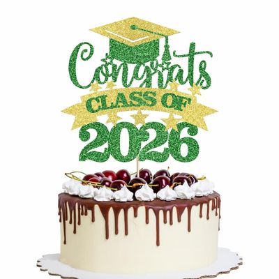 YQLXDHBD Congrats Grad 2026 Cake Topper,Congratulations Cake DecorationsClass of 2026 Graduation Cake Topper,2026 Graduate Party Decoration Supplies (Green Gold)