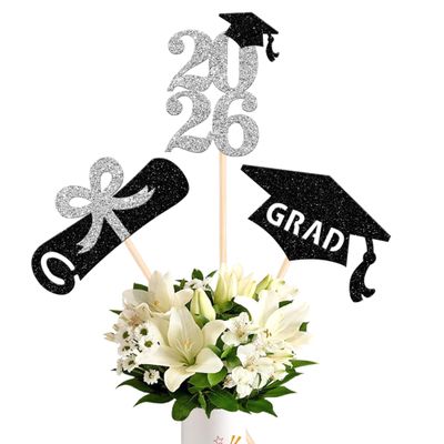 12 Pack 2026 Graduation Centerpiece Sticks Assembled Glitter Class of 2026 Lawyer Cake Toppers Diploma Grad Cap Table Centerpiece Sticks for Law School Survivor 2026 Graduation Theme Party Silver