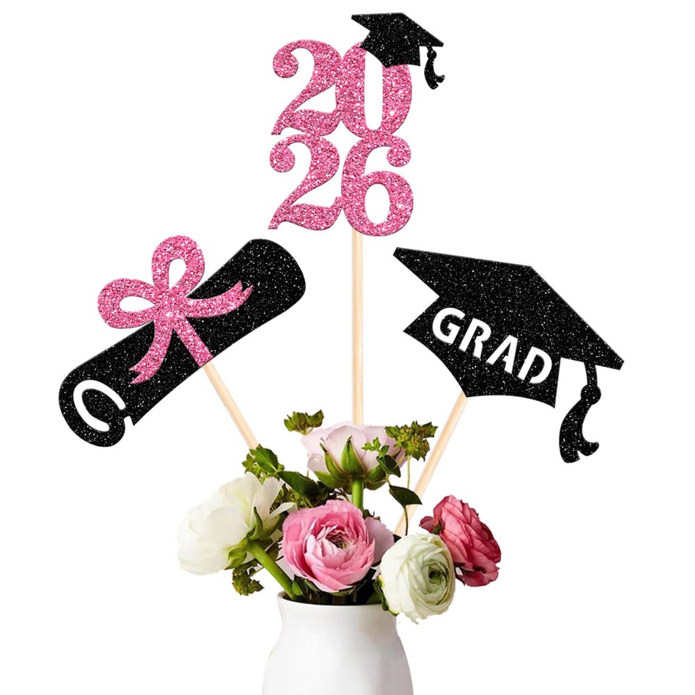 12 Pack 2026 Graduation Centerpiece Sticks Assembled Glitter Class of 2026 Lawyer Cake Toppers Diploma Grad Cap Table Centerpiece Sticks for Law School Survivor 2026 Graduation Theme Party Pink
