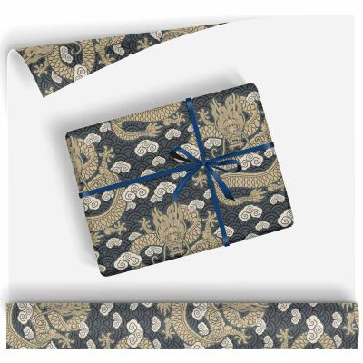 Black Dragon On Blue Wrapping Paper Rolls - Happy Birthday Lettering Gift Wrap For Birthday,Baby Shower,Party,Holiday - 58" X 23"(Print-02,58"x 23")