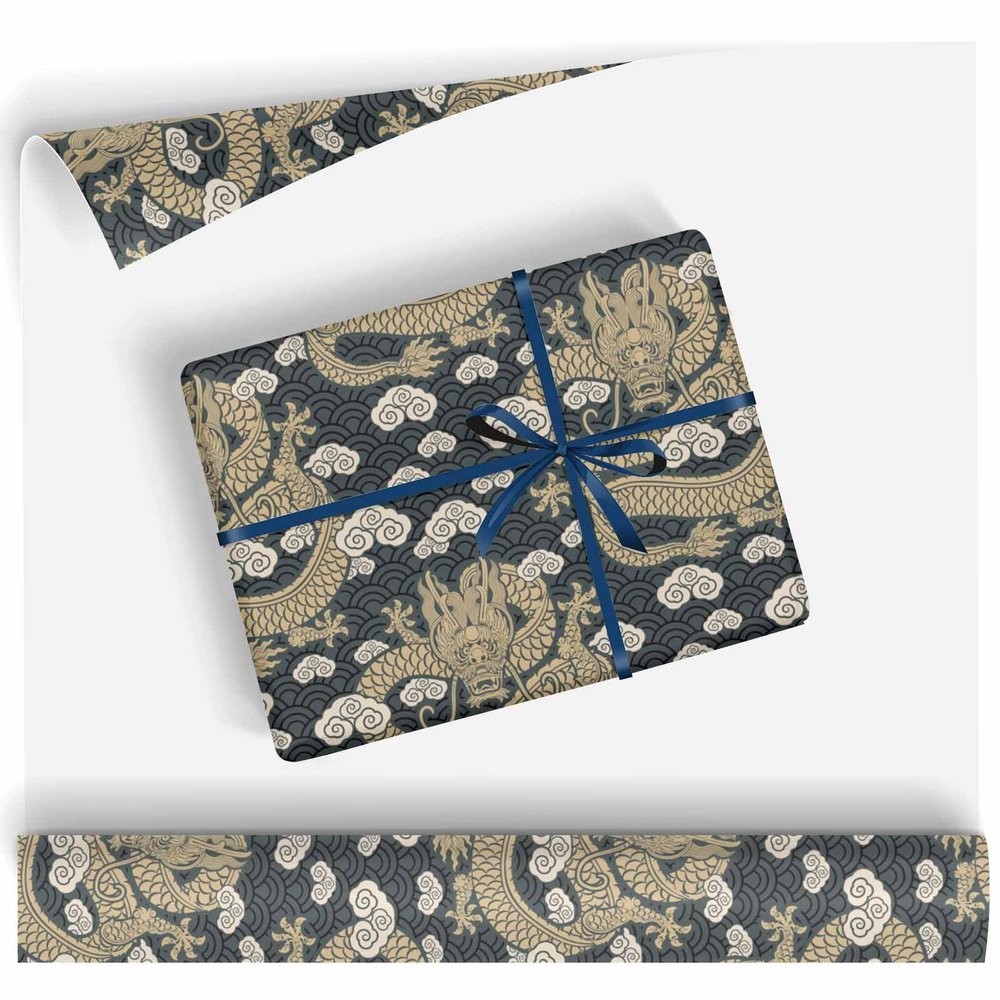 Black Dragon On Blue Wrapping Paper Rolls - Happy Birthday Lettering Gift Wrap For Birthday,Baby Shower,Party,Holiday - 58" X 23"(Print-02,58"x 23")