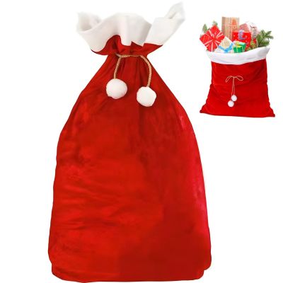 Giant Santa Sack, 27.5 X 39.4 Inch, Velvet Christmas Storage Bag With White Edging, Red Drawstring Closure, Pompoms Storing & Party Decoration