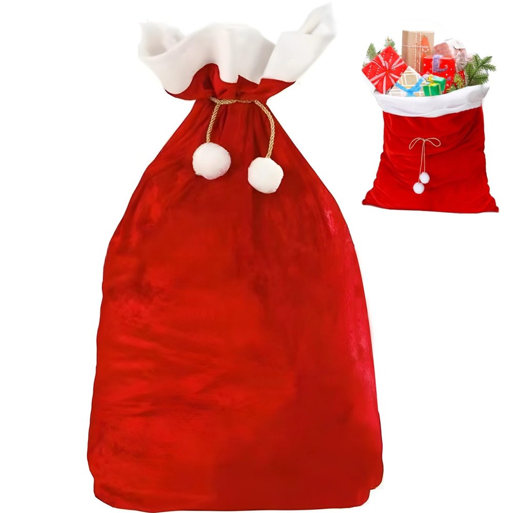 Giant Santa Sack, 27.5 X 39.4 Inch, Velvet Christmas Storage Bag With White Edging, Red Drawstring Closure, Pompoms Storing & Party Decoration