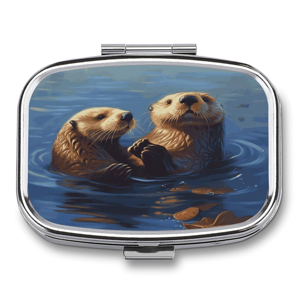 Sea Otters Painting Pill Box Pill Organizer Pill Case 2 Compartment Medicine Pill Organizer Small Pill Case Pill Container Pill Holder Cute Pill Box Mini Pill Case