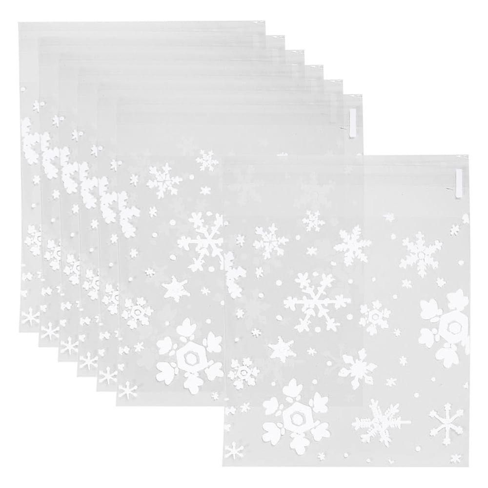 100 Pcs 14 x 14cm Christmas Snowflake Cookie Bags Resealable Cellophane Candy Bags Self Adhesive Xmas Treat Bags Snack Wrapping Bag Small Business Packaging Cello Bags for Wedding Party White