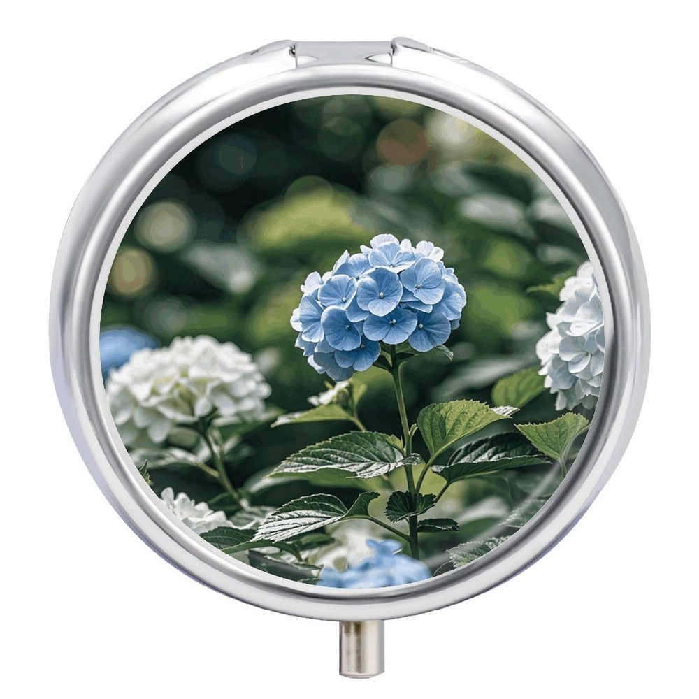 Hydrangea Hibiscus Iris Bird Pill Box Cute Round Pill Box 3 Compartment Decorative Pocket Purse Portable Mini Travel Medicine Tablet Vitamin Fish Oil Holder Organizer Pill Case