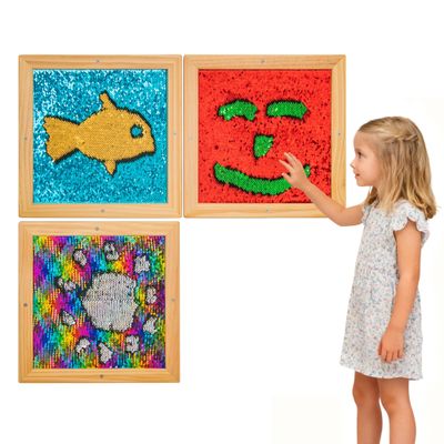 3 Packs Wall-Mounted Sequin Sensory Wall Frame, 13''x13'' Reversible Sequin Sensory Panel with Solid Wood Frame, Early Learning & Development, Ideal for Sensory Rooms, Therapy, Education, and Home Use