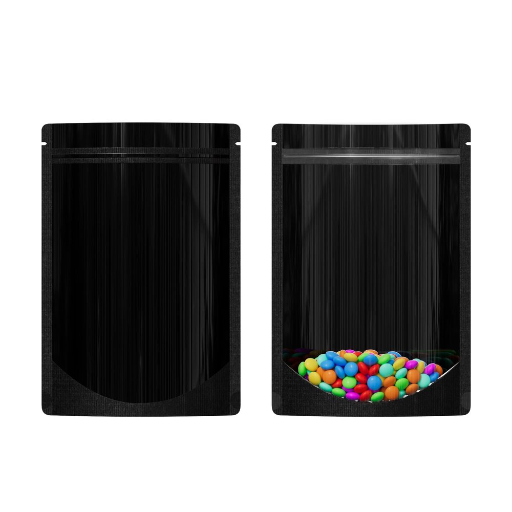 Resealable Zipper Seal Clear Window & Color Metallic Mylar Food, Beauty Packaging Stand Up Heat Sealable Pouch with Tear Notch for Small Business, Home Use (Black, 5.91 inch x 8.66 inch)
