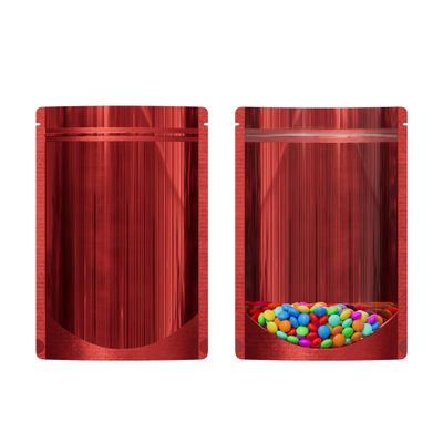 Resealable Zipper Seal Clear Window & Color Metallic Mylar Food, Beauty Packaging Stand Up Heat Sealable Pouch with Tear Notch for Small Business, Home Use (Red, 5.91 inch x 8.66 inch)