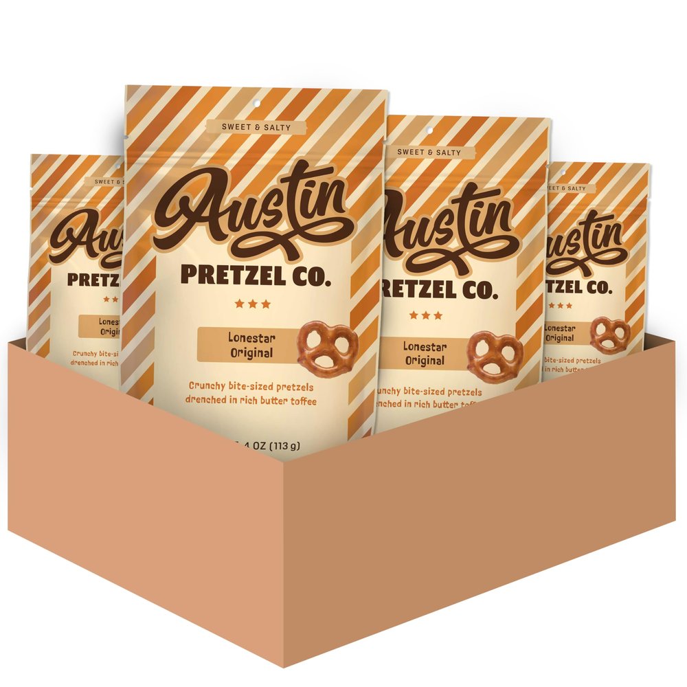 Lonestar Original Pretzels 4 Oz Gourmet Bite-Sized Snacks Coated in Rich Butter Toffee Perfect for Sharing or Indulging (Pack of 4)