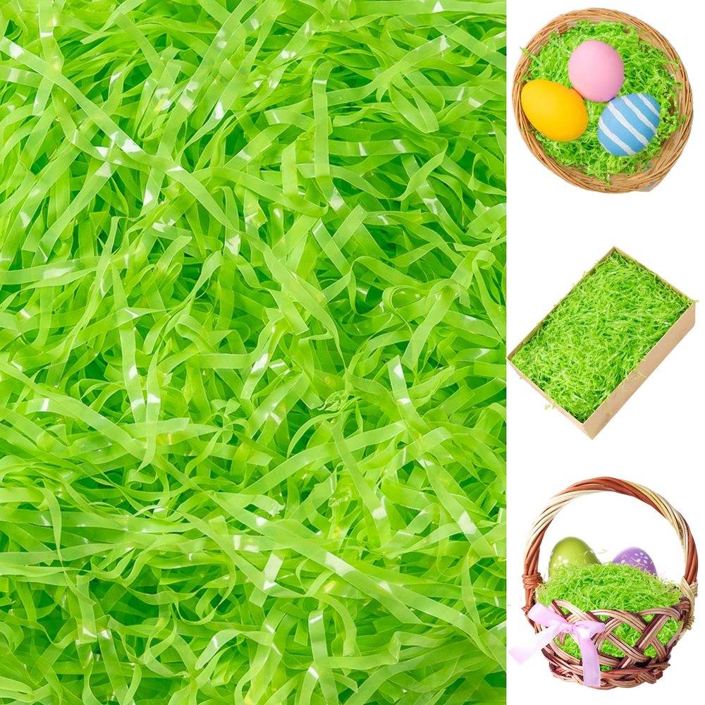 CIPOWM 230g/8oz Easter Grass Basket Filler Green Plastic Easter Fake Grass Shred Raffia Paper Fillers for Gift Wrapping Boxes Bags Basket Filling Party Supply