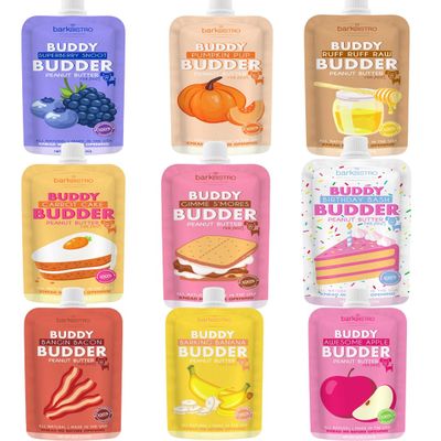 BUDDY BUDDER Dog Peanut Butter, 9 Pack Mixed Flavors, 4oz Pouches Dog Peanut Butter, Made in USA
