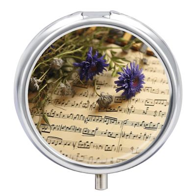 Music Sheet-1 Pill Box Cute Round Pill Box 3 Compartment Decorative Pocket Purse Portable Mini Travel Medicine Tablet Vitamin Fish Oil Holder Organizer Pill Case