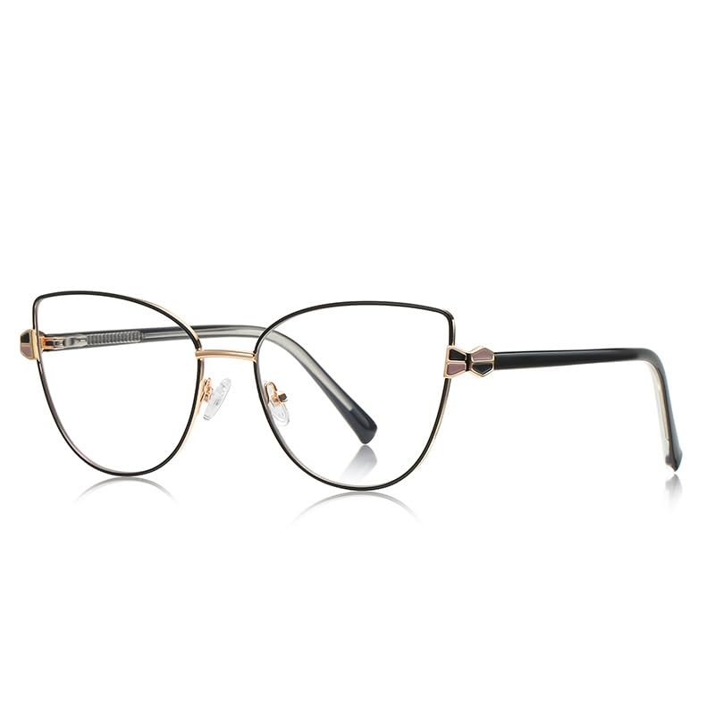 HAITONGCR candy-colored metal anti-blue glasses 3144 cat glasses frame (C1 bright black/gold frame - anti-blue lens)