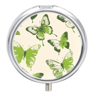Lime Green Butterfly Pill Box Cute Round Pill Box 3 Compartment Decorative Pocket Purse Portable Mini Travel Medicine Tablet Vitamin Fish Oil Holder Organizer Pill Case