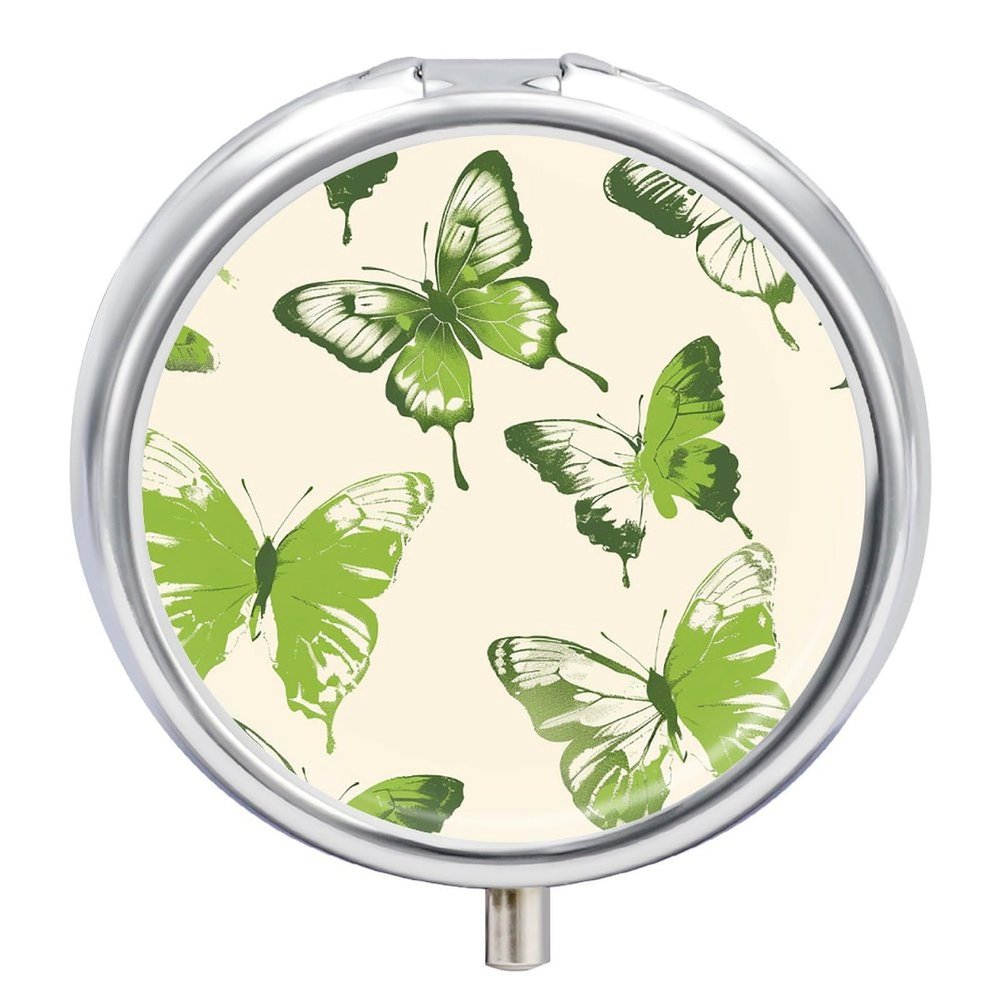 Lime Green Butterfly Pill Box Cute Round Pill Box 3 Compartment Decorative Pocket Purse Portable Mini Travel Medicine Tablet Vitamin Fish Oil Holder Organizer Pill Case