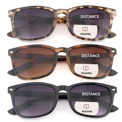 FEIVSN 3 Pack Bifocal Reading Sunglasses for Women Men Bi-focal Sun Readers PC Frame Fixed Hinge Dual Focal Clear Top Eyewear,+1.50