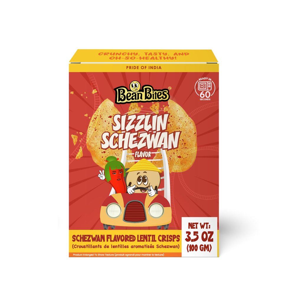 Bean Bites | Sizzlin Schezwan Lentil Crisp 3.53 oz (100 g) | Mini Poppadom Snack | Round Crunchy Crisps | Earthy Schezwan Taste | Heat in Oven (60s), Plant Based Protein by Pride of India